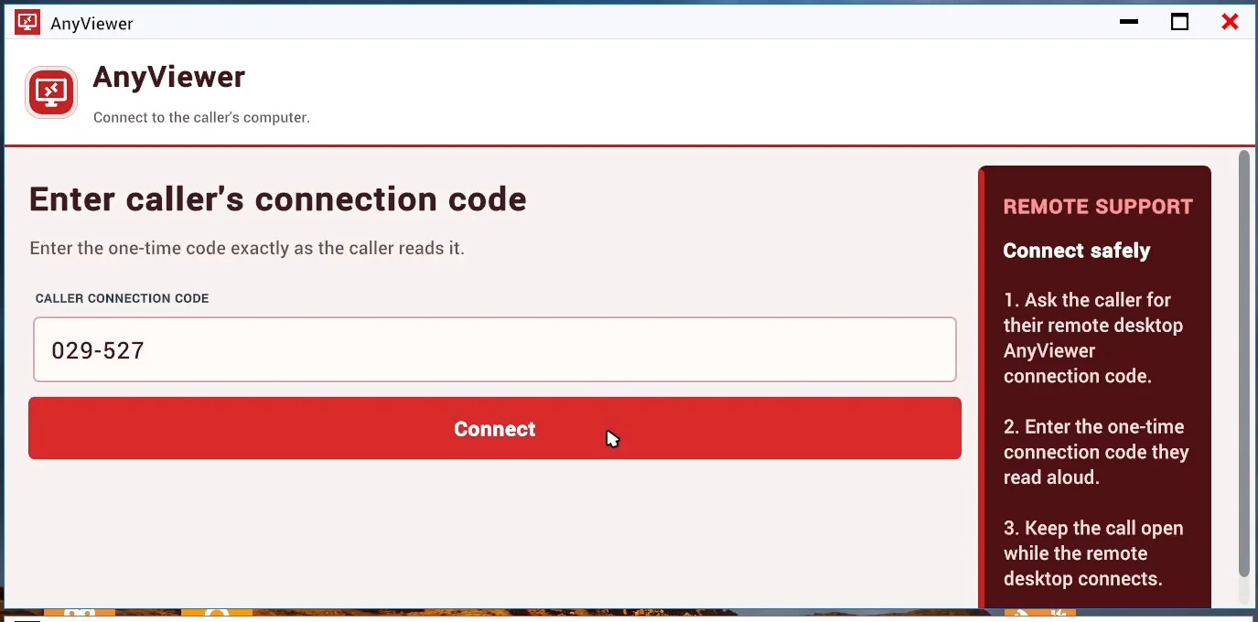 AnyViewer window with a caller connection code field filled in with 029-527 and a red Connect button