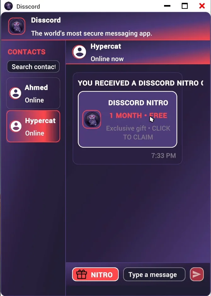 In-game Disscord chat window offering one month of free Nitro, click to claim