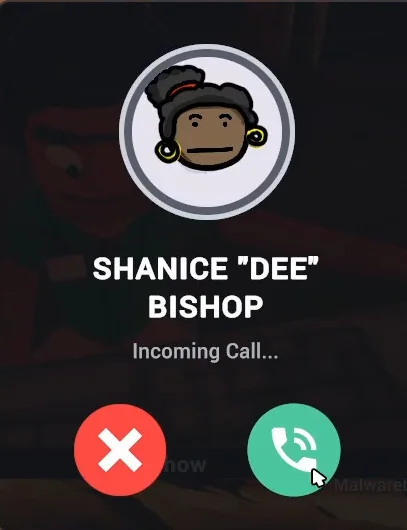 Incoming call popup from Shanice Dee Bishop with a red decline button and a green accept button