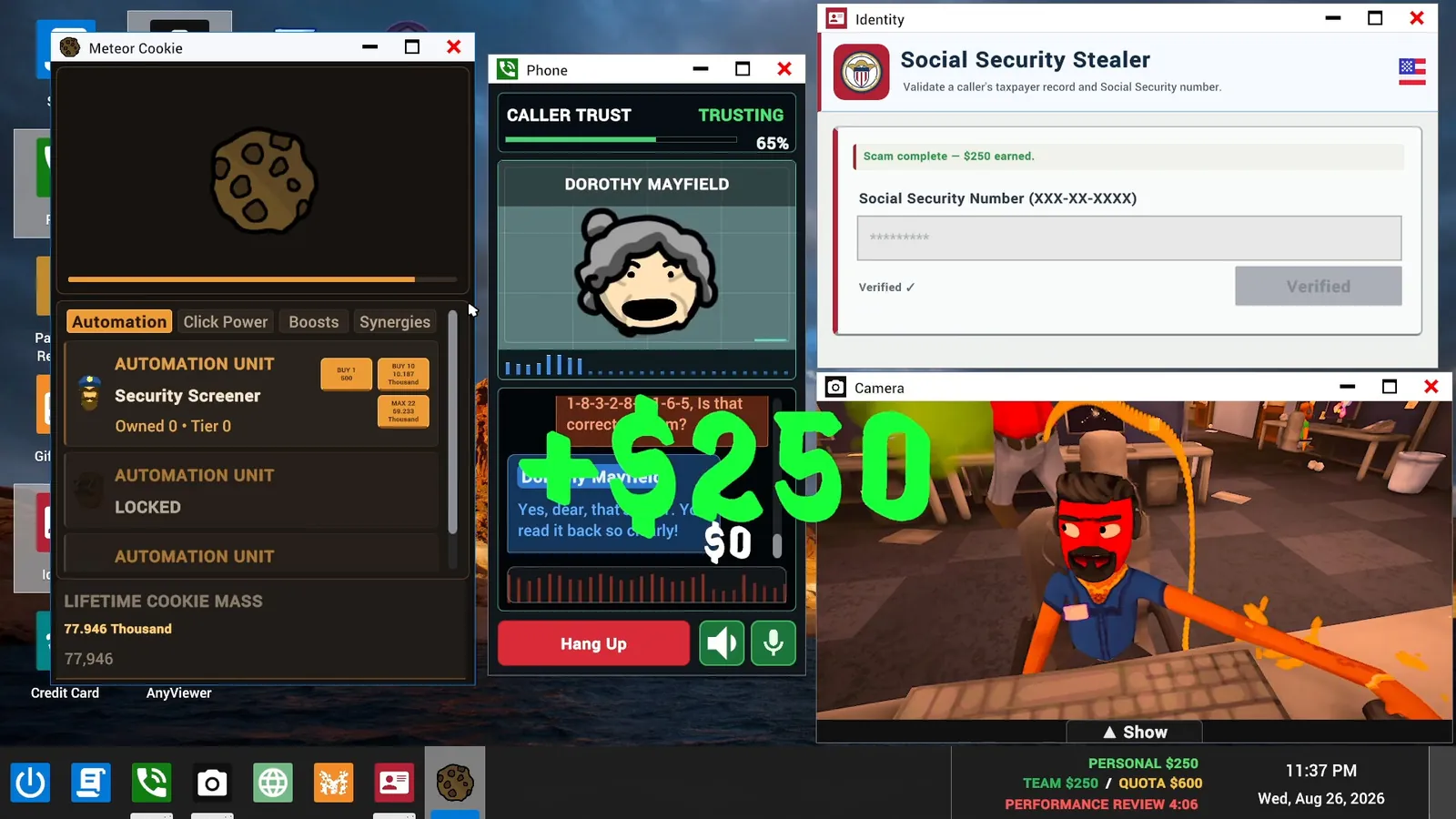 Scam With Your Friends desktop showing a phone call with Dorothy Mayfield at 65 percent caller trust, the Social Security Stealer app marked scam complete and plus 250 dollars on screen