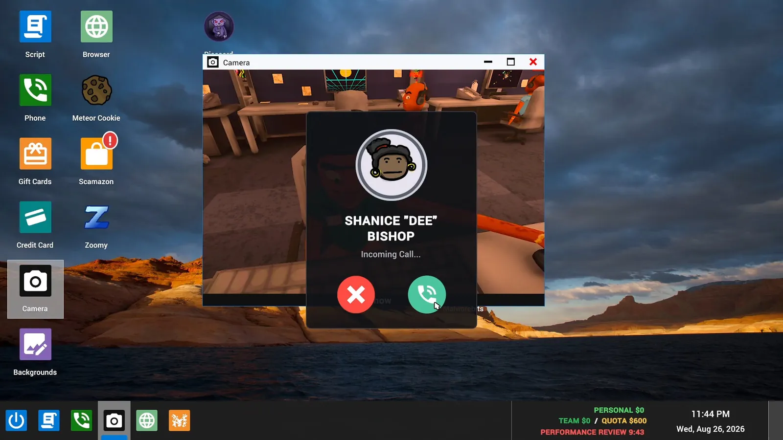 Incoming call popup from Shanice Dee Bishop with red decline and green accept buttons
