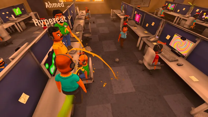 Top-down view of players at their desks in the call center