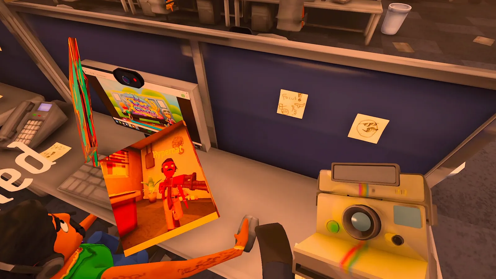 A player holding an instant camera and a freshly printed photo of a co-worker